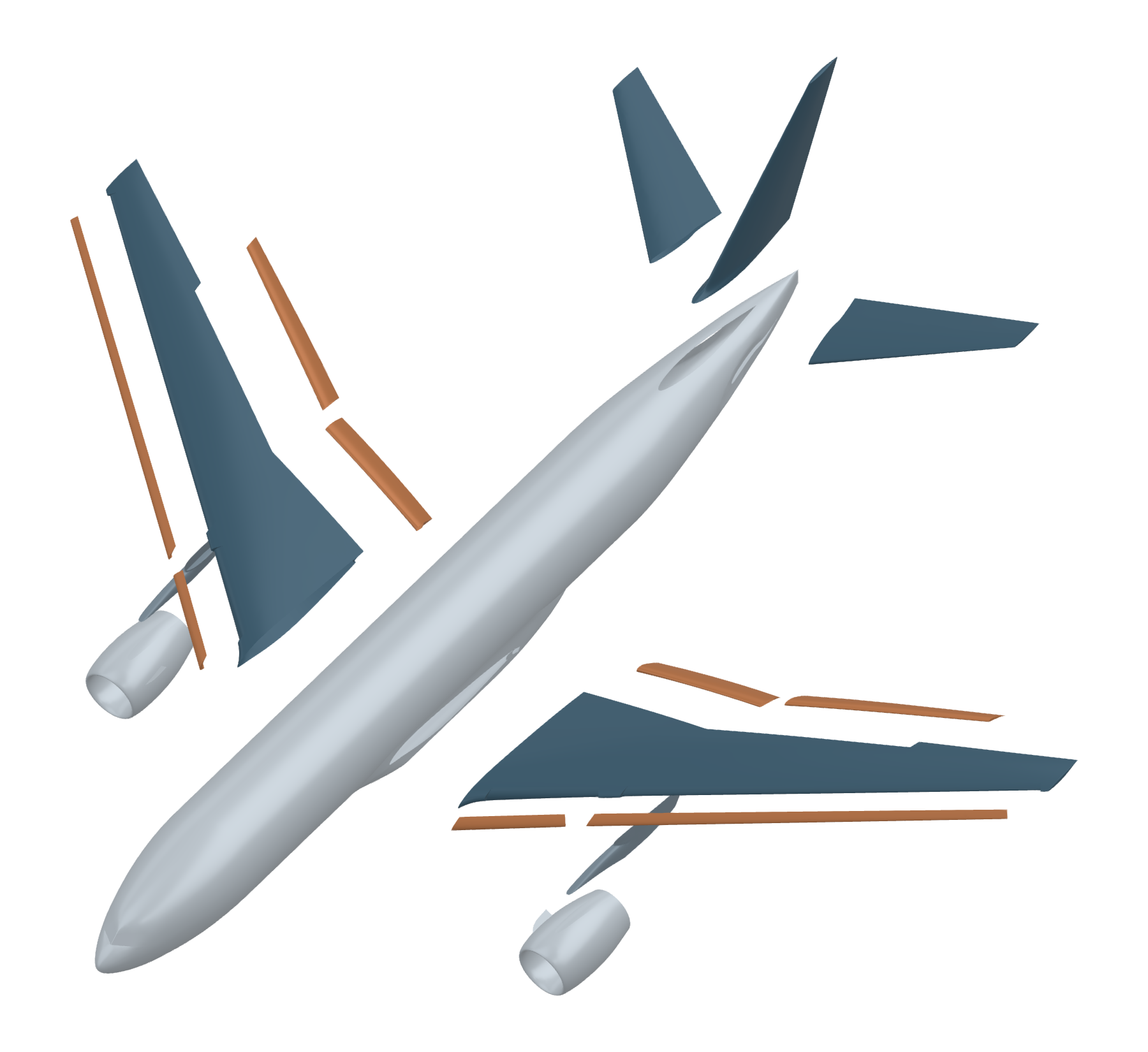 NASA CRM-HL aircraft with its CAD surface groups separated.