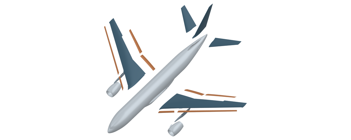 NASA CRM-HL aircraft with its CAD surface groups separated.