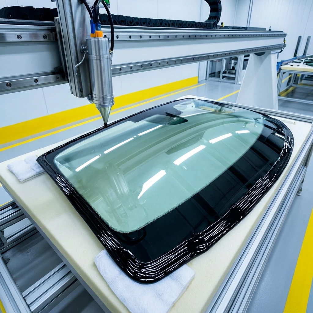 Gantry robot applying adhesive to an automotive windshield