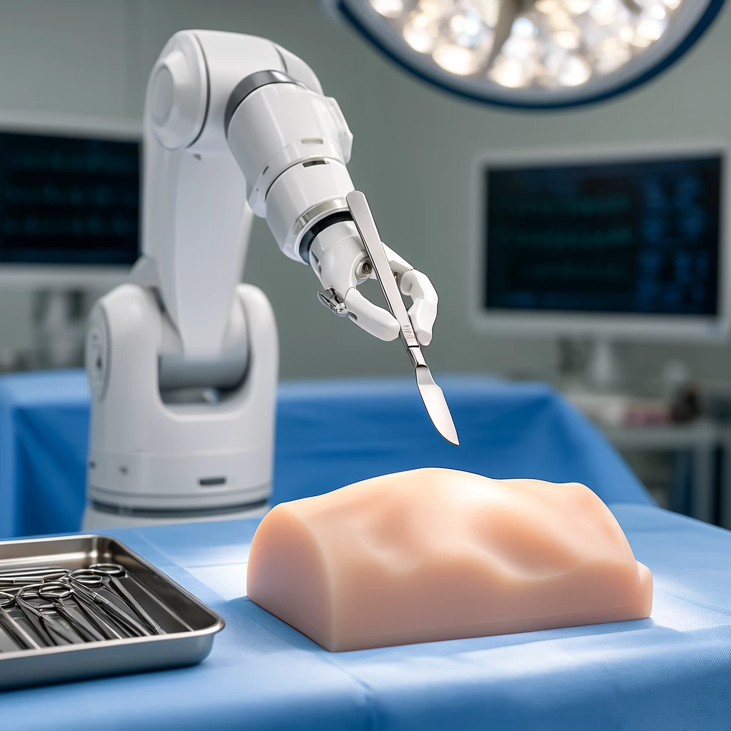 Surgical robot arm holding a scalpel above a phantom model
