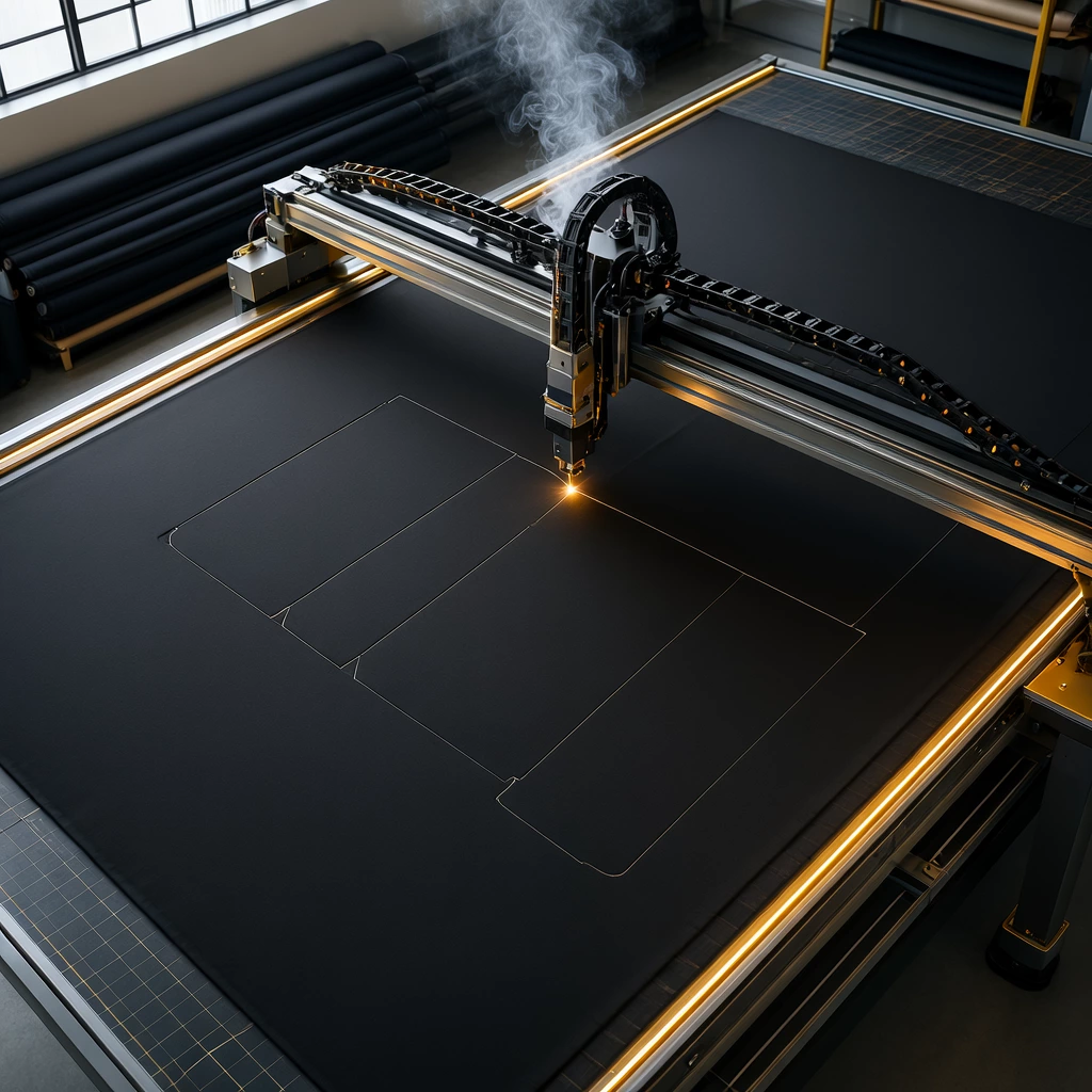 Laser cutting gantry tracing pattern lines on black fabric