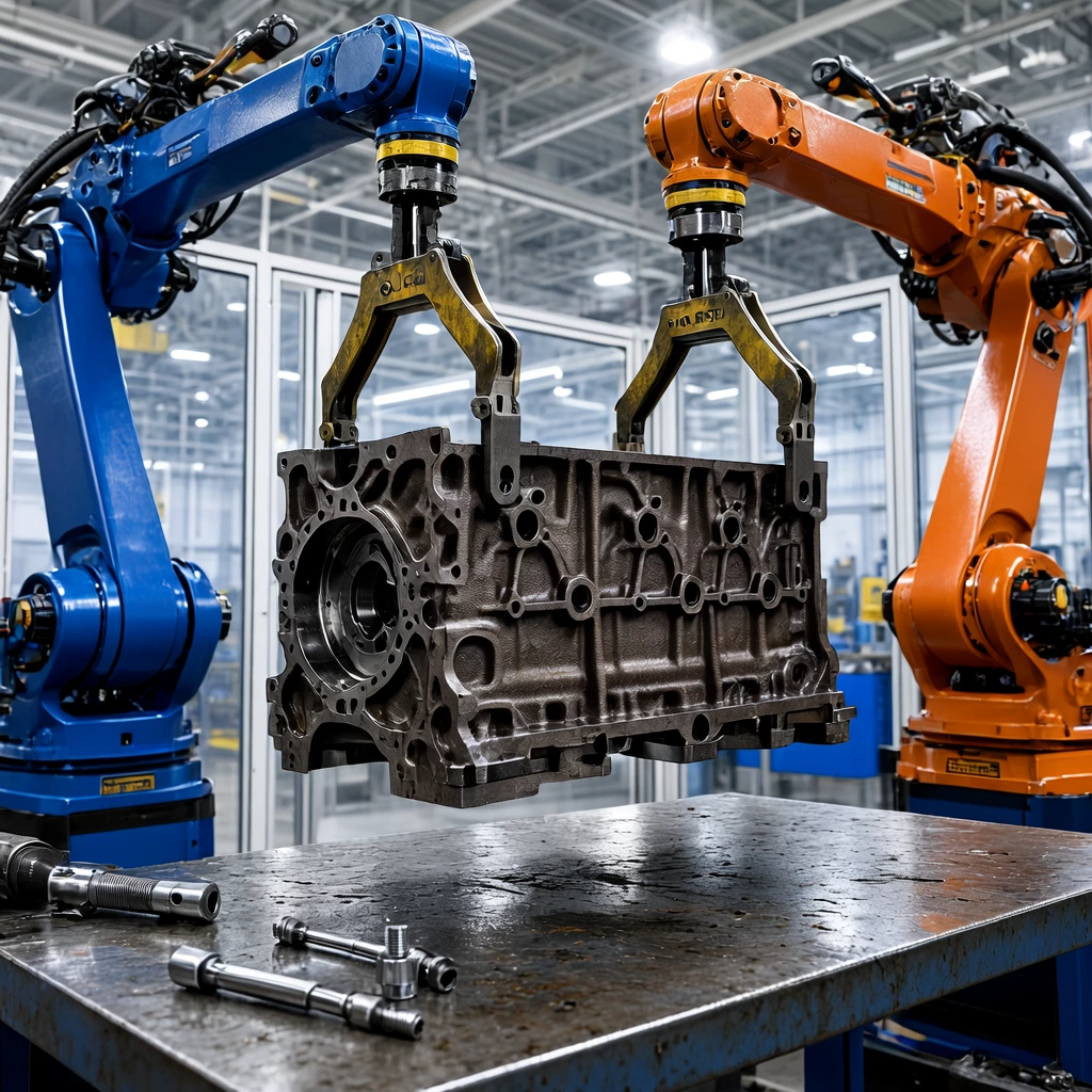 Two industrial robot arms lifting an engine block