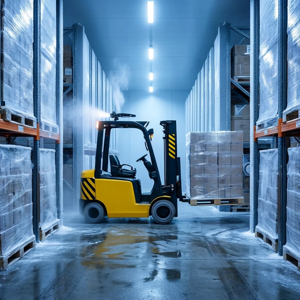 Autonomous forklift moving a wrapped pallet in cold storage