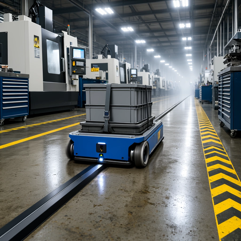 Automated guided cart carrying totes through a factory lane