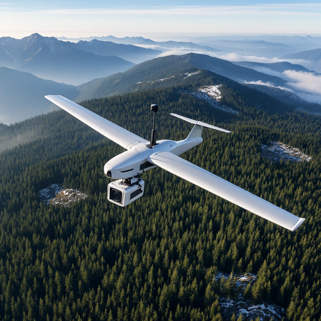 Fixed-wing survey drone banking over a mountain forest