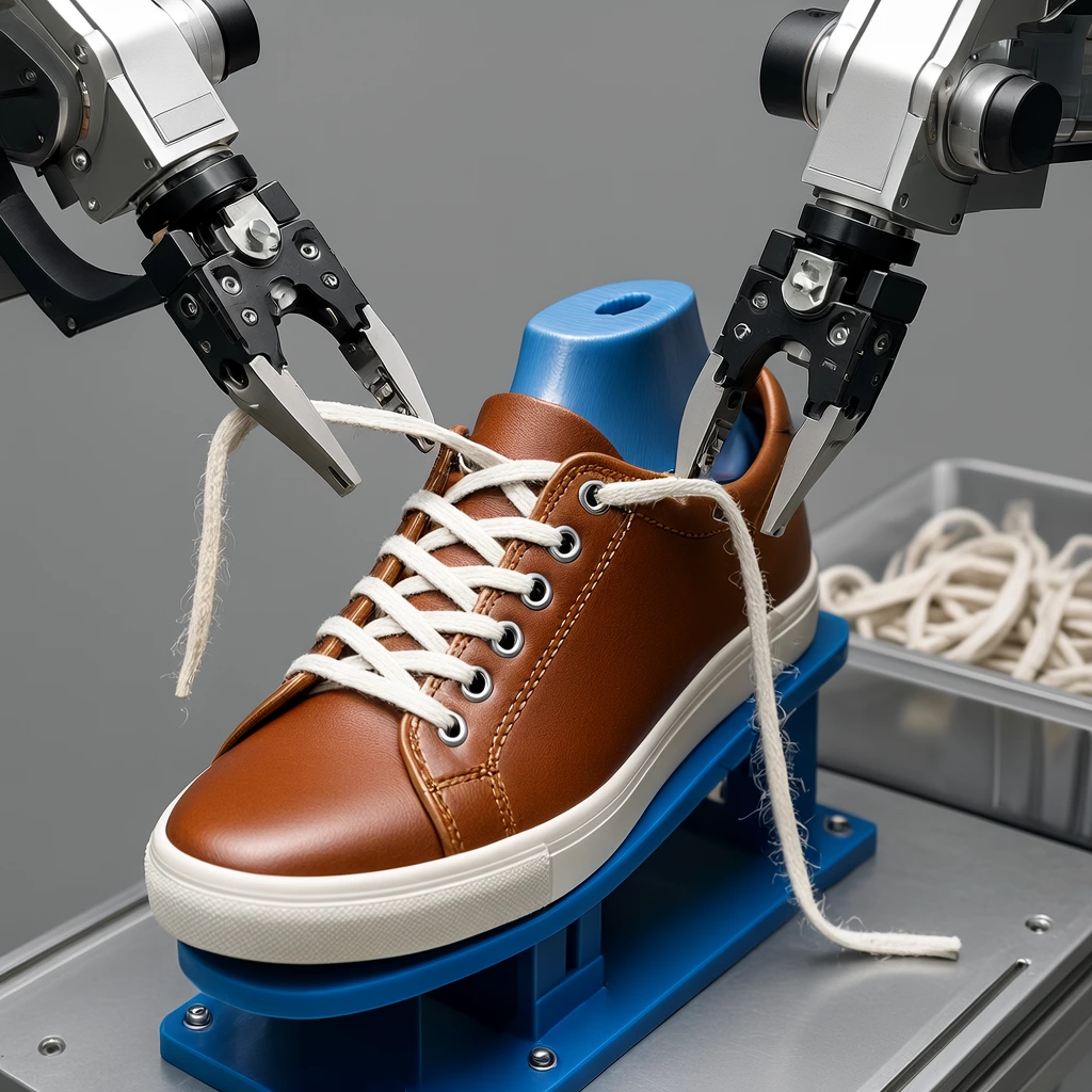 Robotic grippers lacing a brown leather sneaker