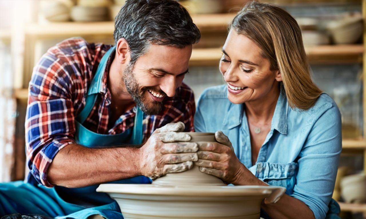 A photo of a couple doing pottery together in a well-lit room