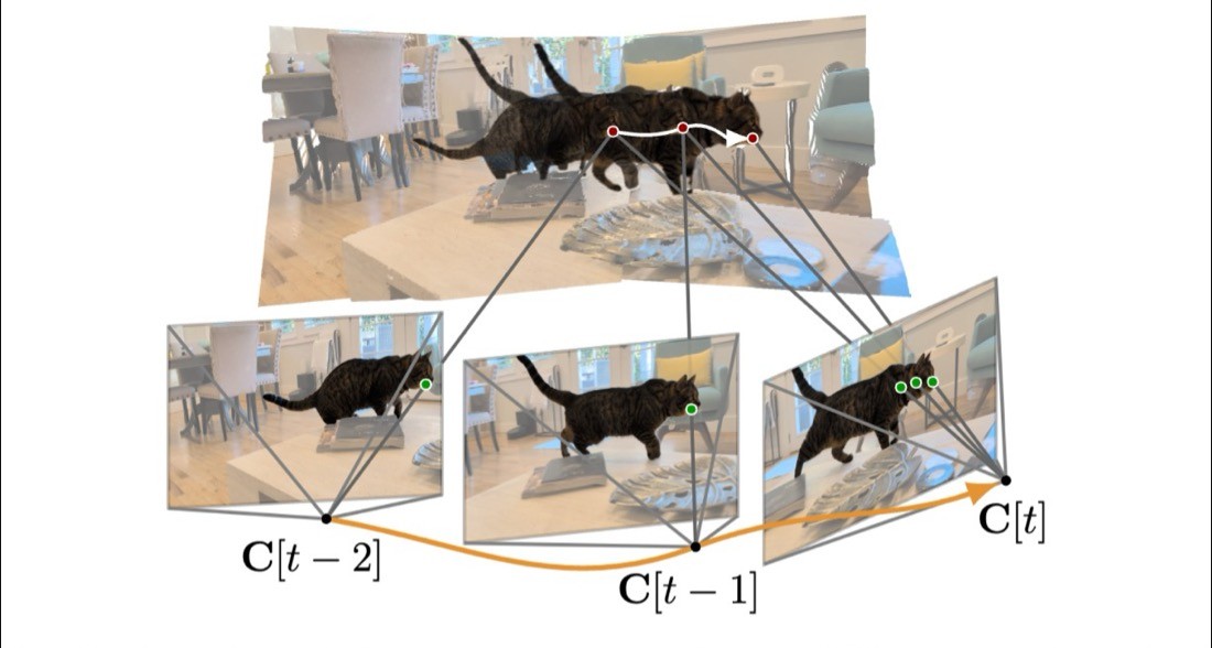 A 3D point track on a walking cat imaged across the moving camera frames C[t-2], C[t-1], C[t], then re-projected through a single fixed reference camera.