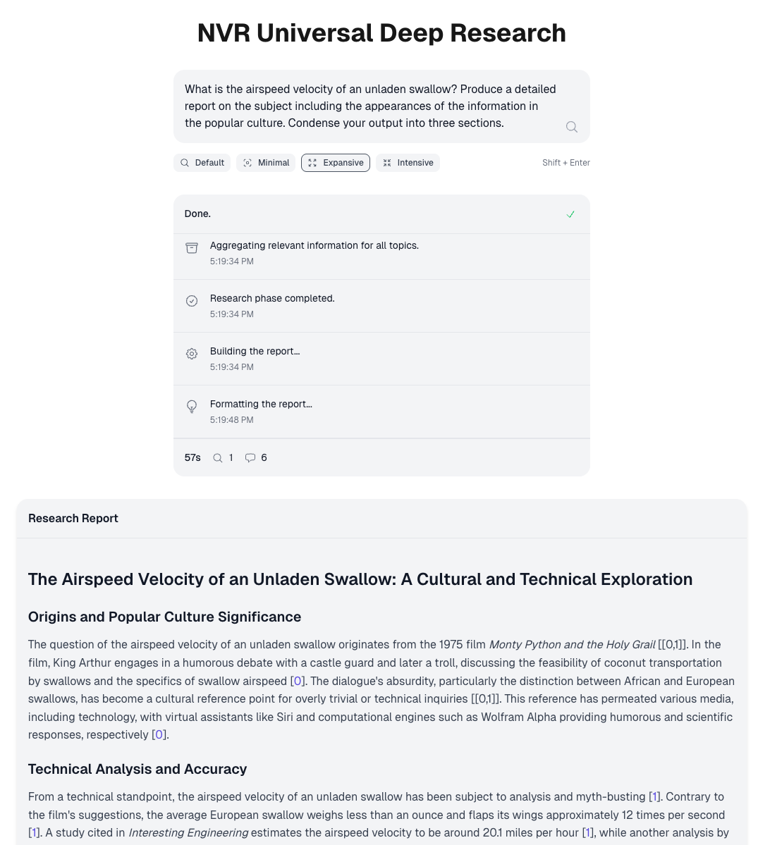 The research result UI of UDR example user interface.