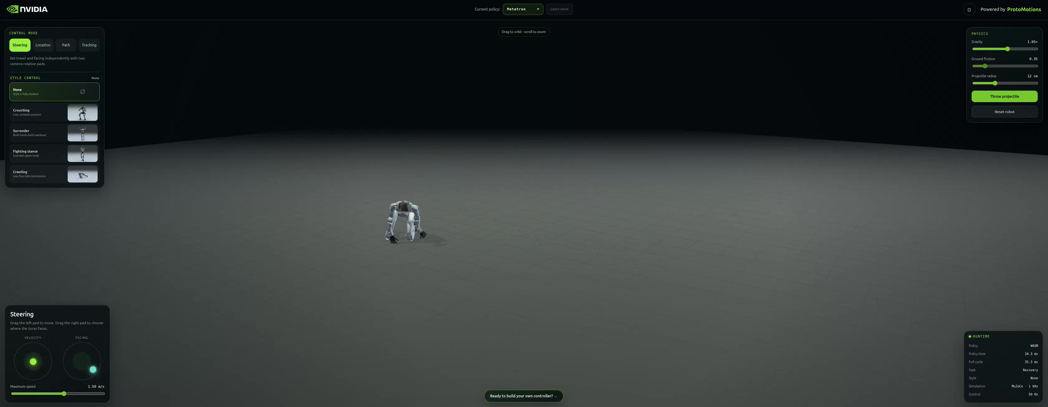 NVIDIA Metatron browser demo showing G1 getting up from the floor