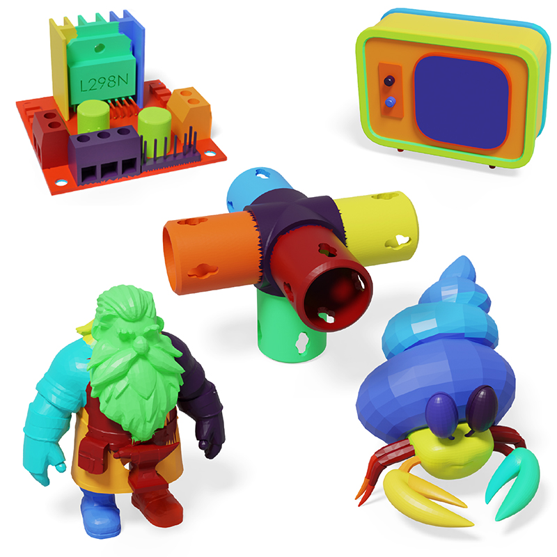 PartField segmentation visualization showing 3D shapes divided into semantic parts