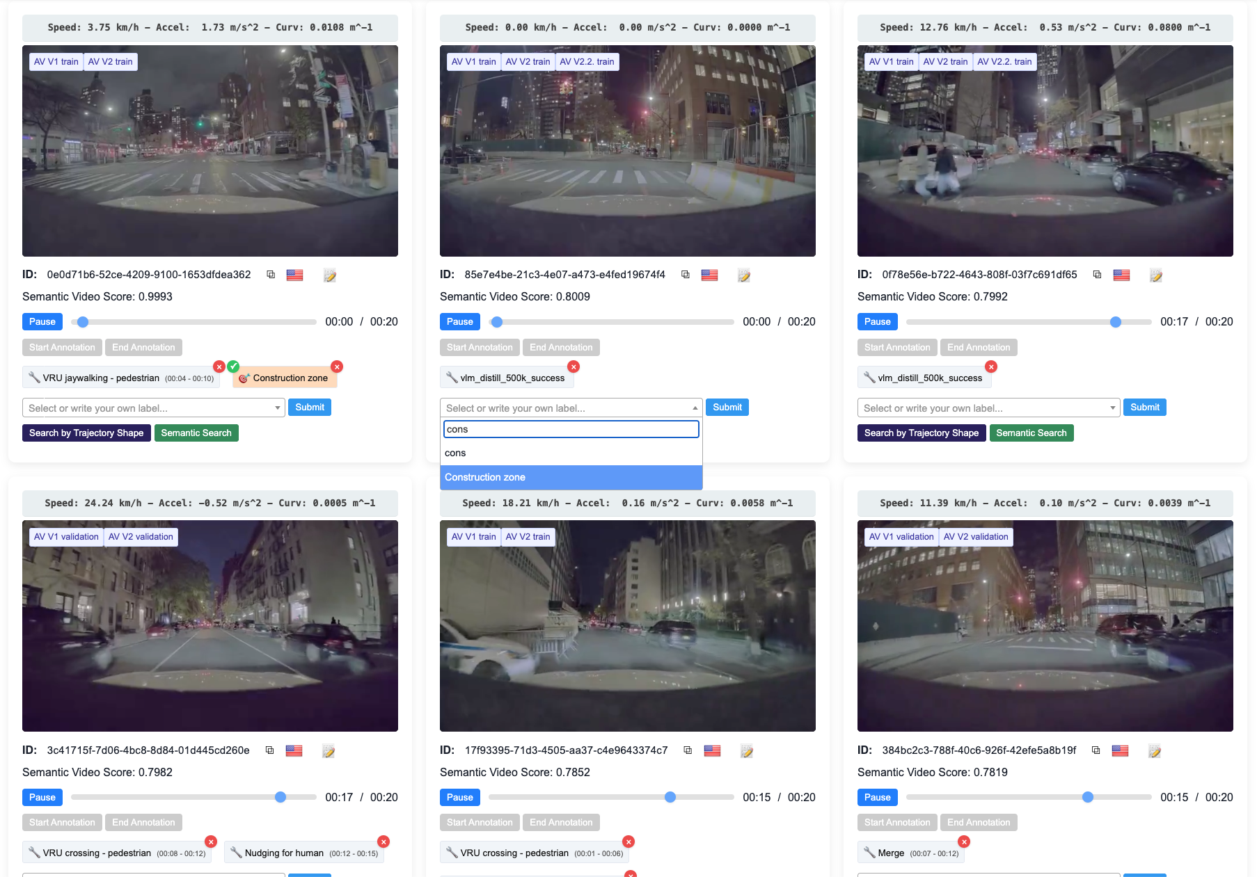 Six clips carrying time-spanned labels such as VRU jaywalking and Merge, with a label dropdown open and filtered as the user types