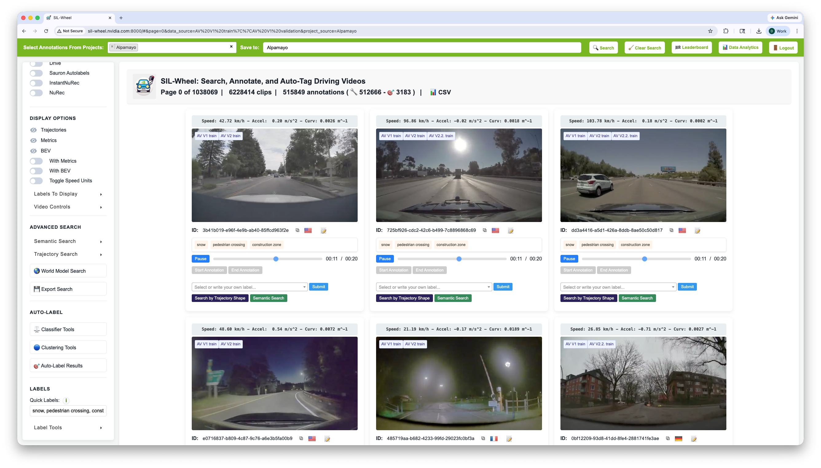 A row of one-click label buttons, snow, pedestrian crossing and construction zone, on every clip card, matching the Quick Labels field in the sidebar
