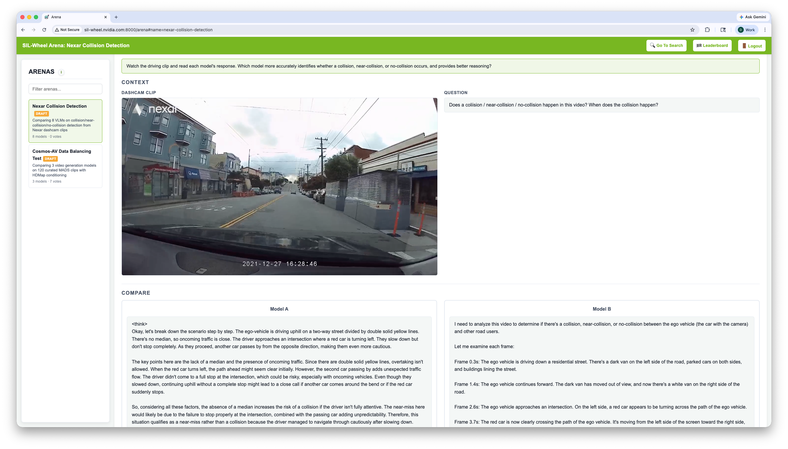 An Arena comparison with the driving clip and question at the top and two anonymised model responses side by side under Model A and Model B