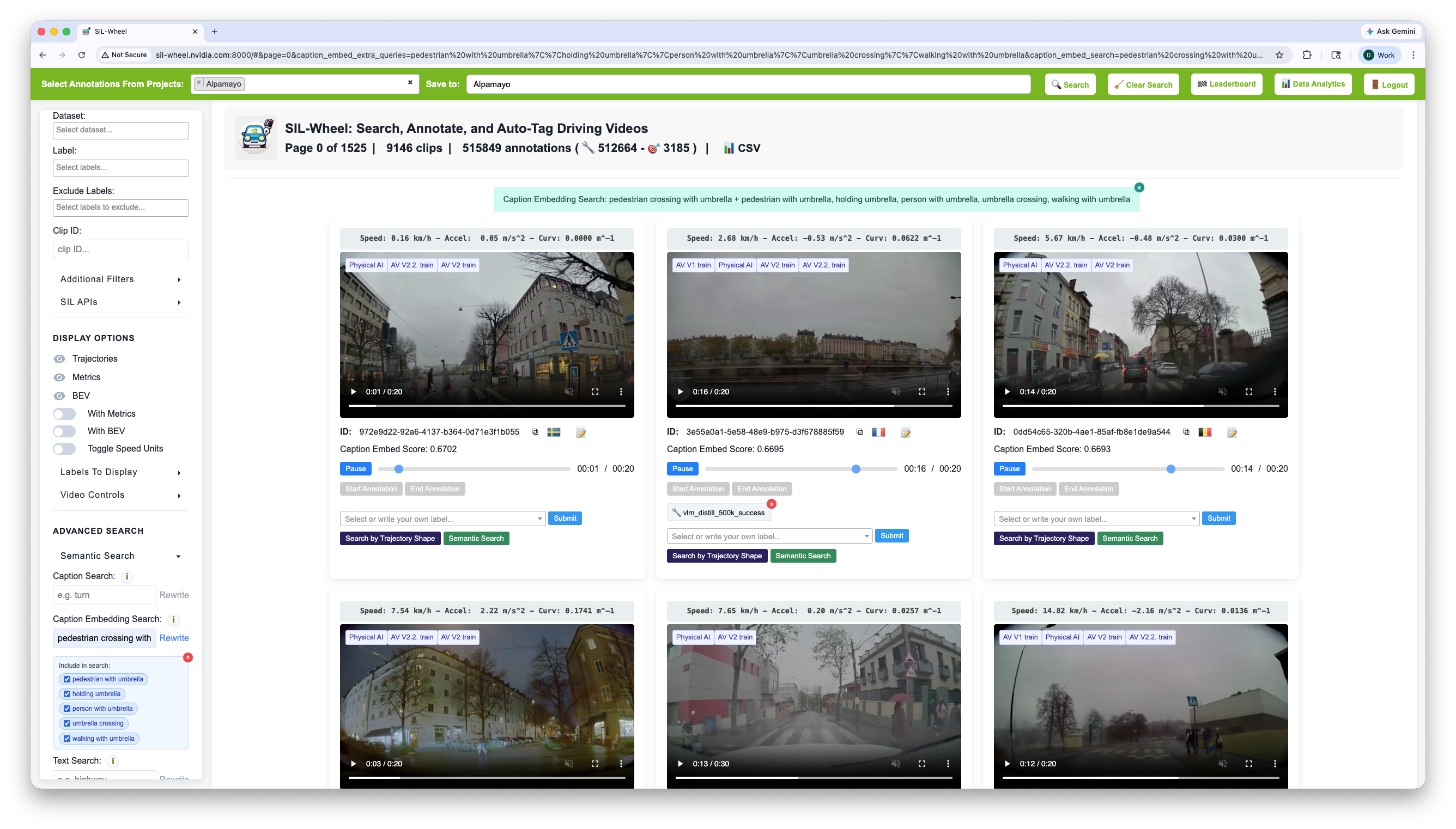 An Include in search box beneath the Caption Embedding Search field listing five checked umbrella-related rewrite variants