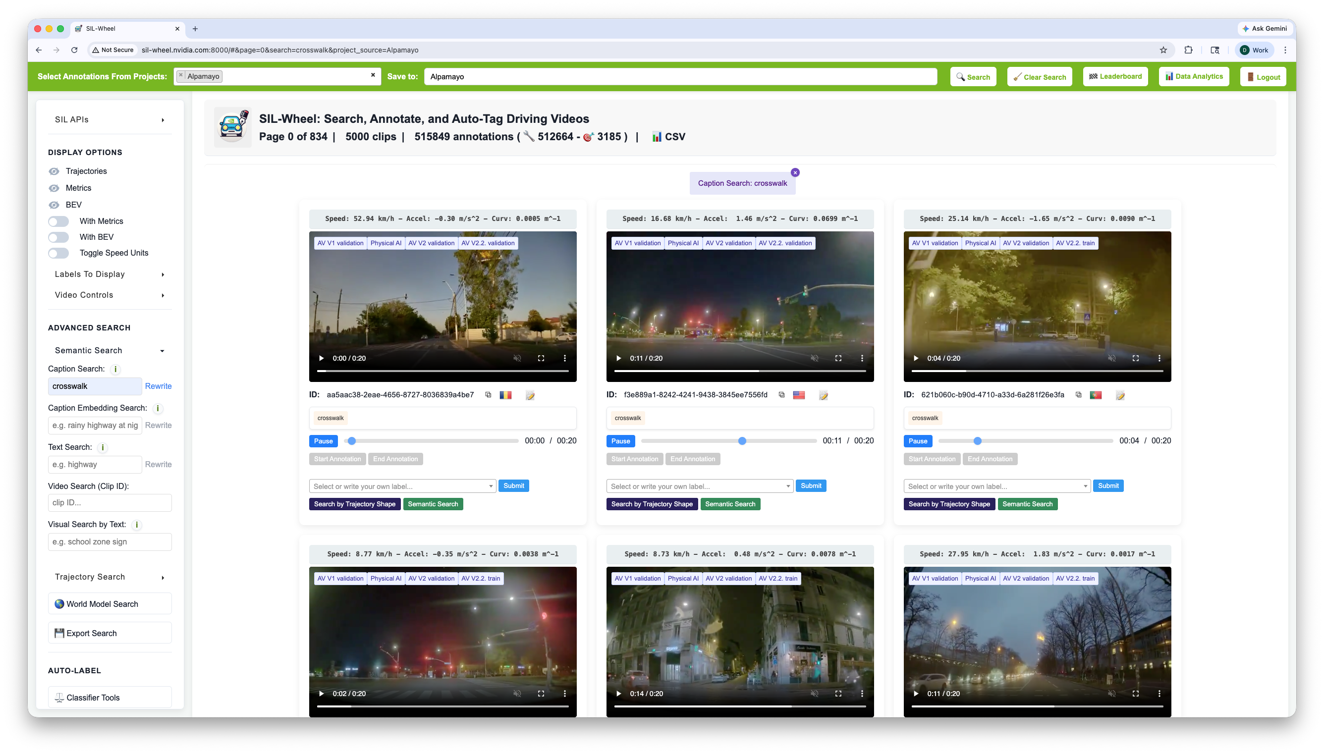 The Wheel interface with crosswalk typed into the Caption Search field and the matching clips listed below