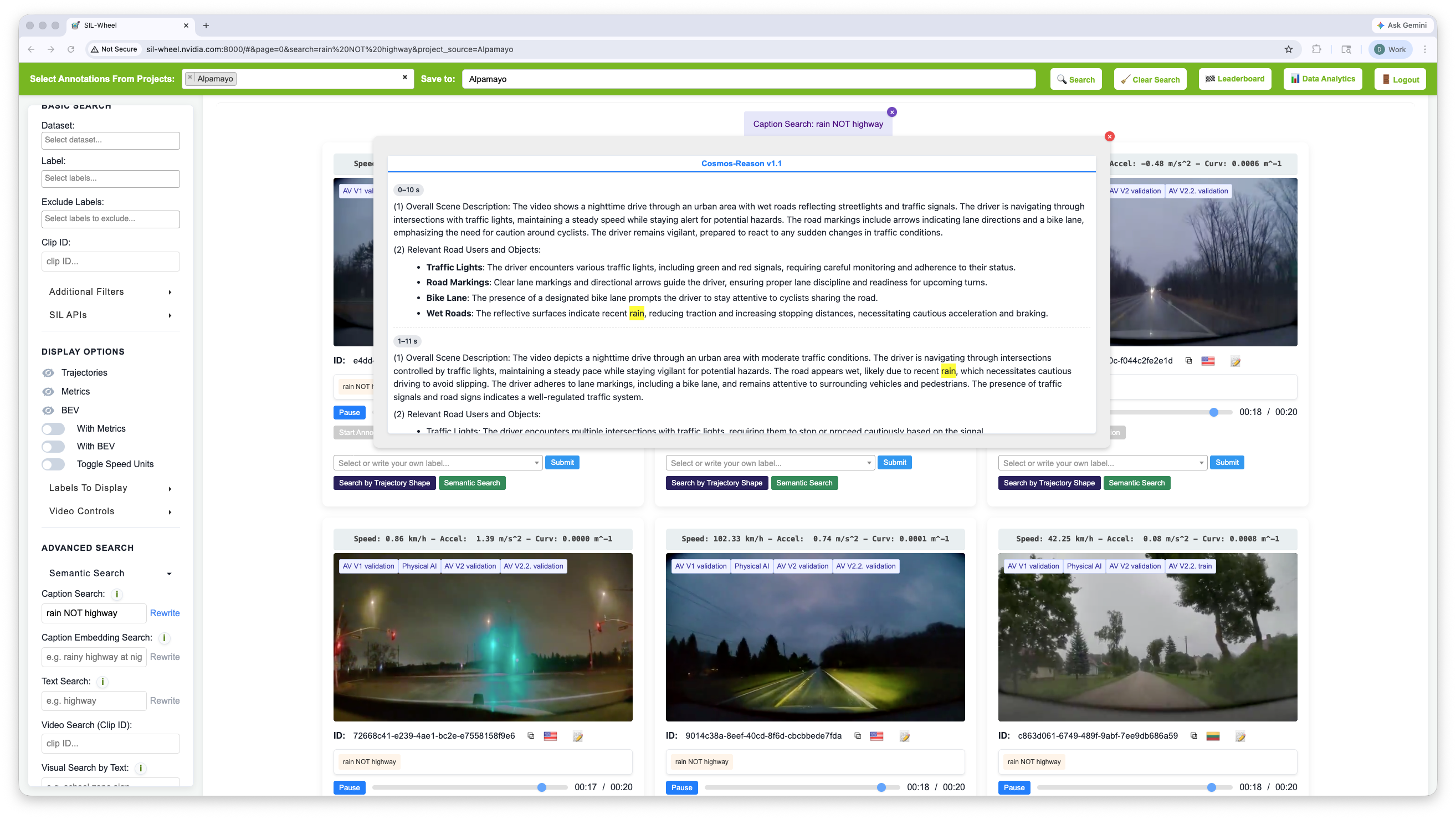 An expanded caption for the query rain NOT highway, with rain highlighted and no highlight for highway