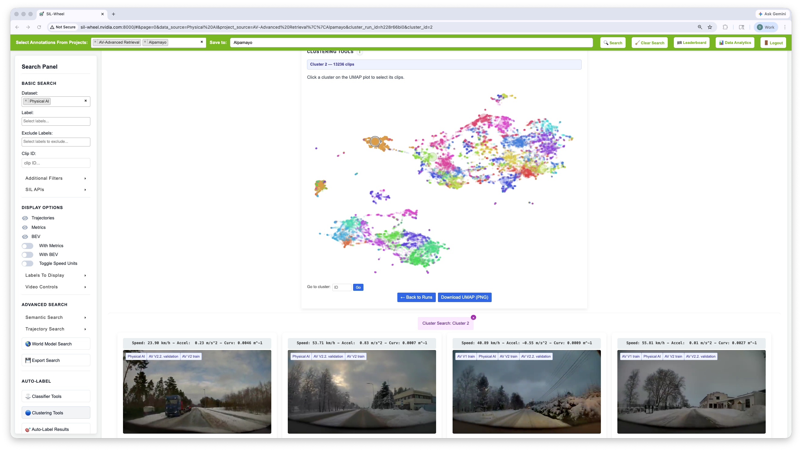 A UMAP scatter of colour-coded clusters with one cluster selected, and its member clips listed below