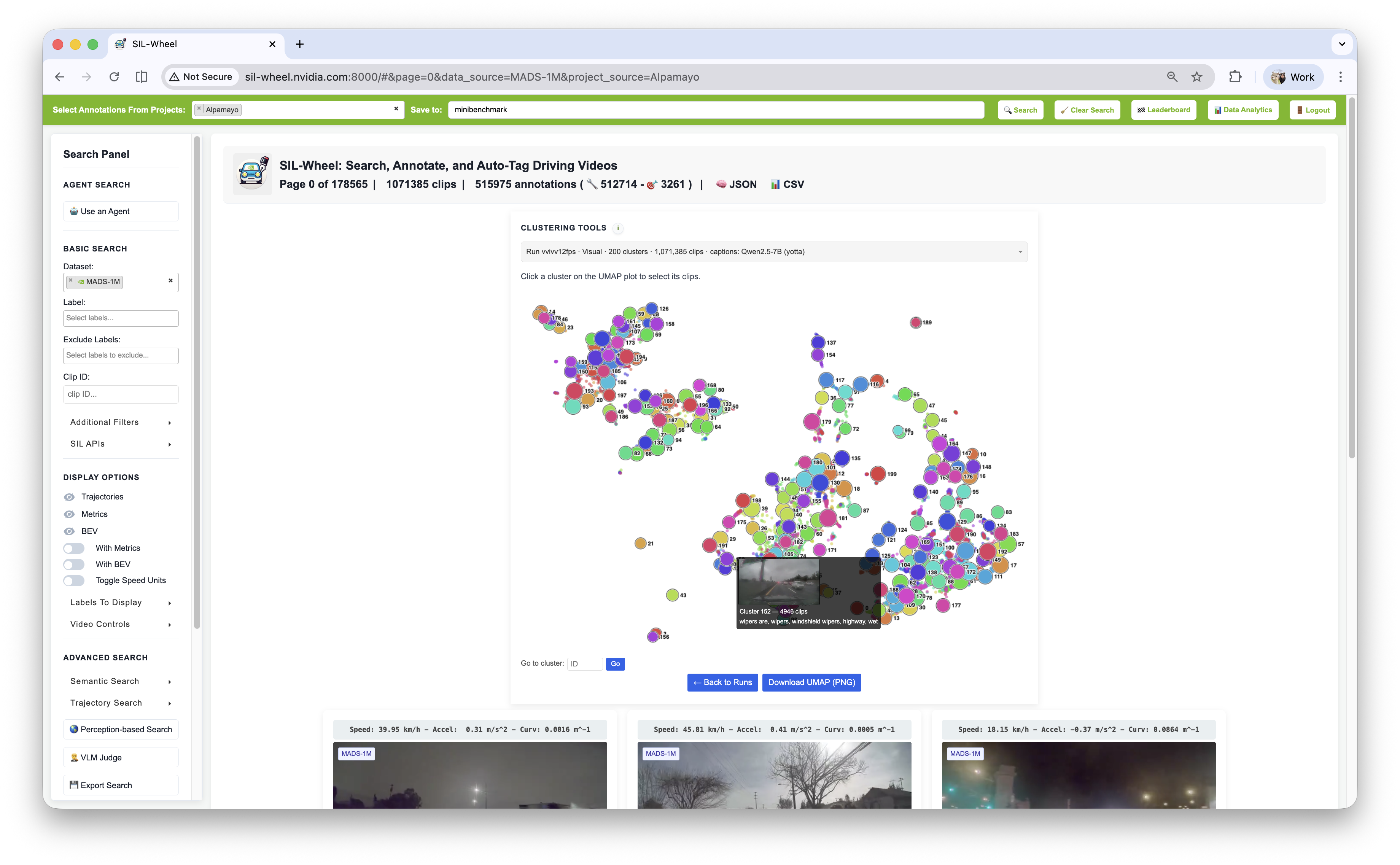 A UMAP of 200 clusters with one hovered, its tooltip listing the clip count and the topic keywords wipers, windshield wipers, highway, wet