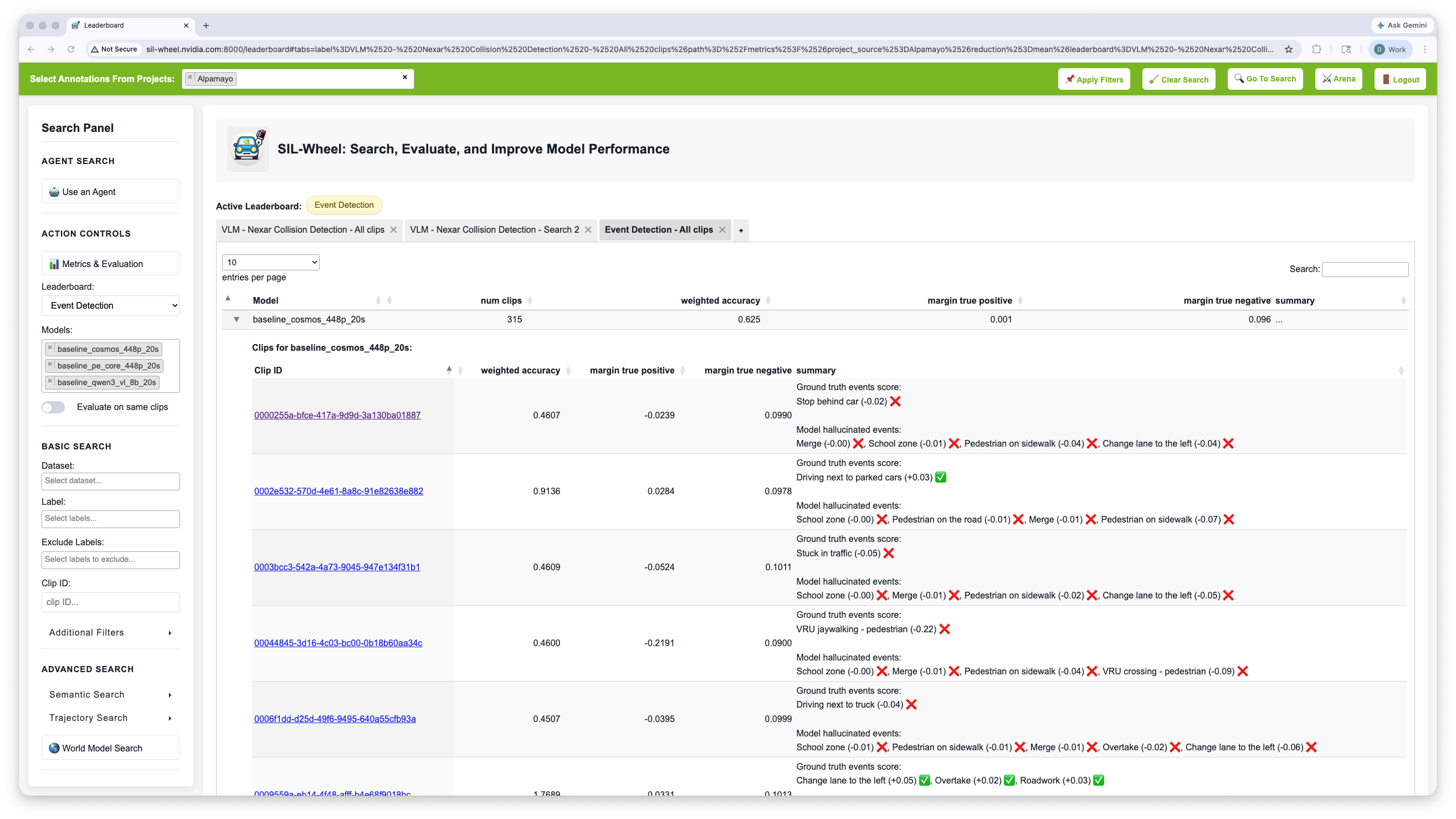 The Event Detection leaderboard expanded into per-clip rows, each summary scoring ground-truth events with ticks and crosses alongside the model's hallucinated events