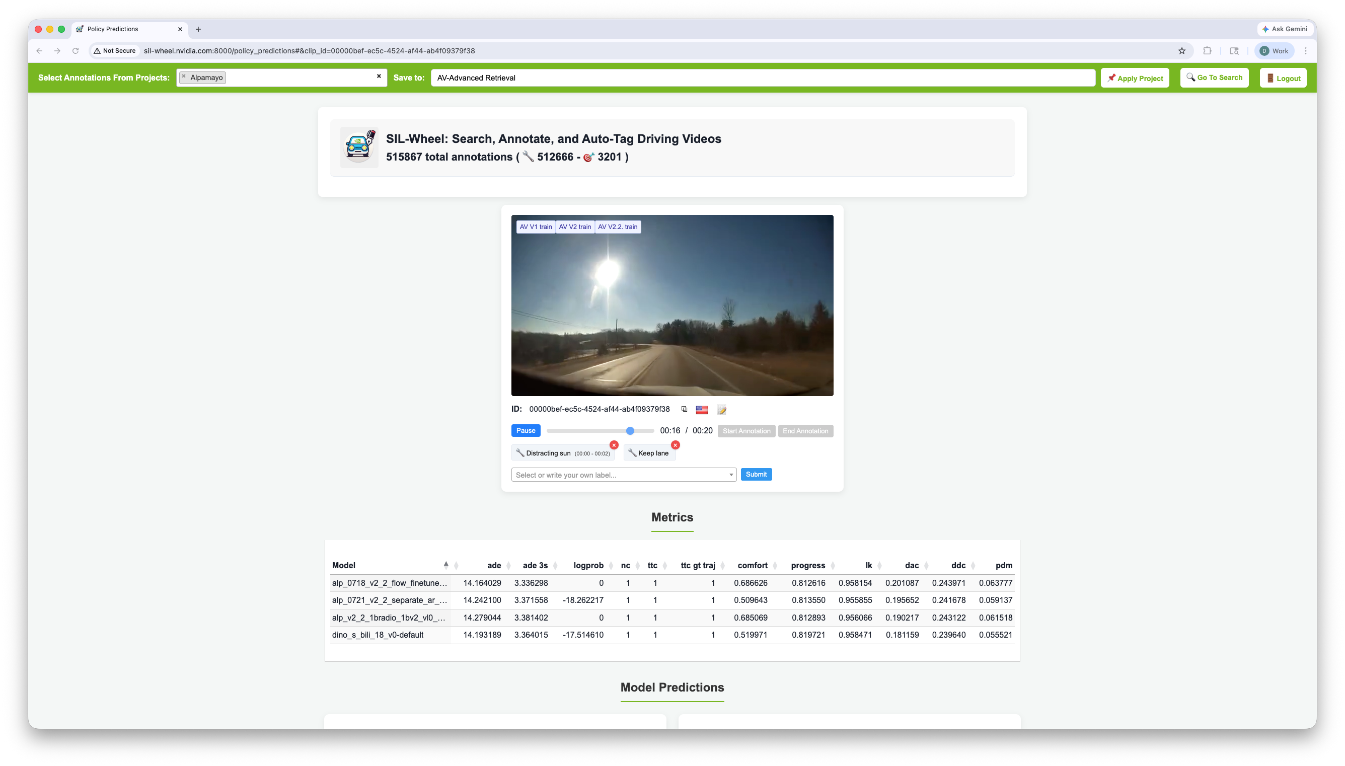 The Predictions page for one clip, with the video and its labels above a Metrics table scoring four models and a Model Predictions section below