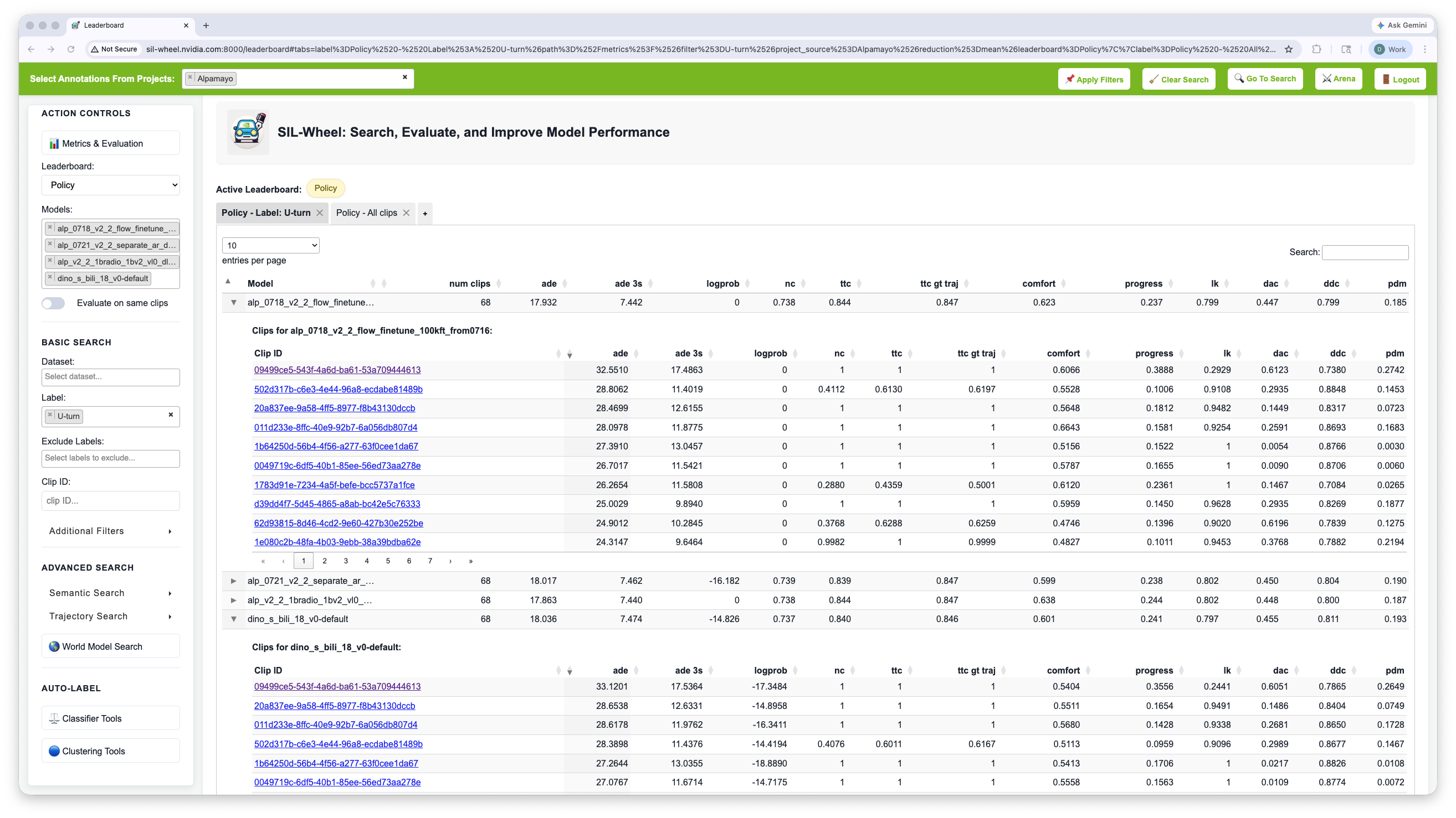 The Policy leaderboard with a U-turn label filter active, narrowing every model to the same 68 clips alongside an all-clips tab