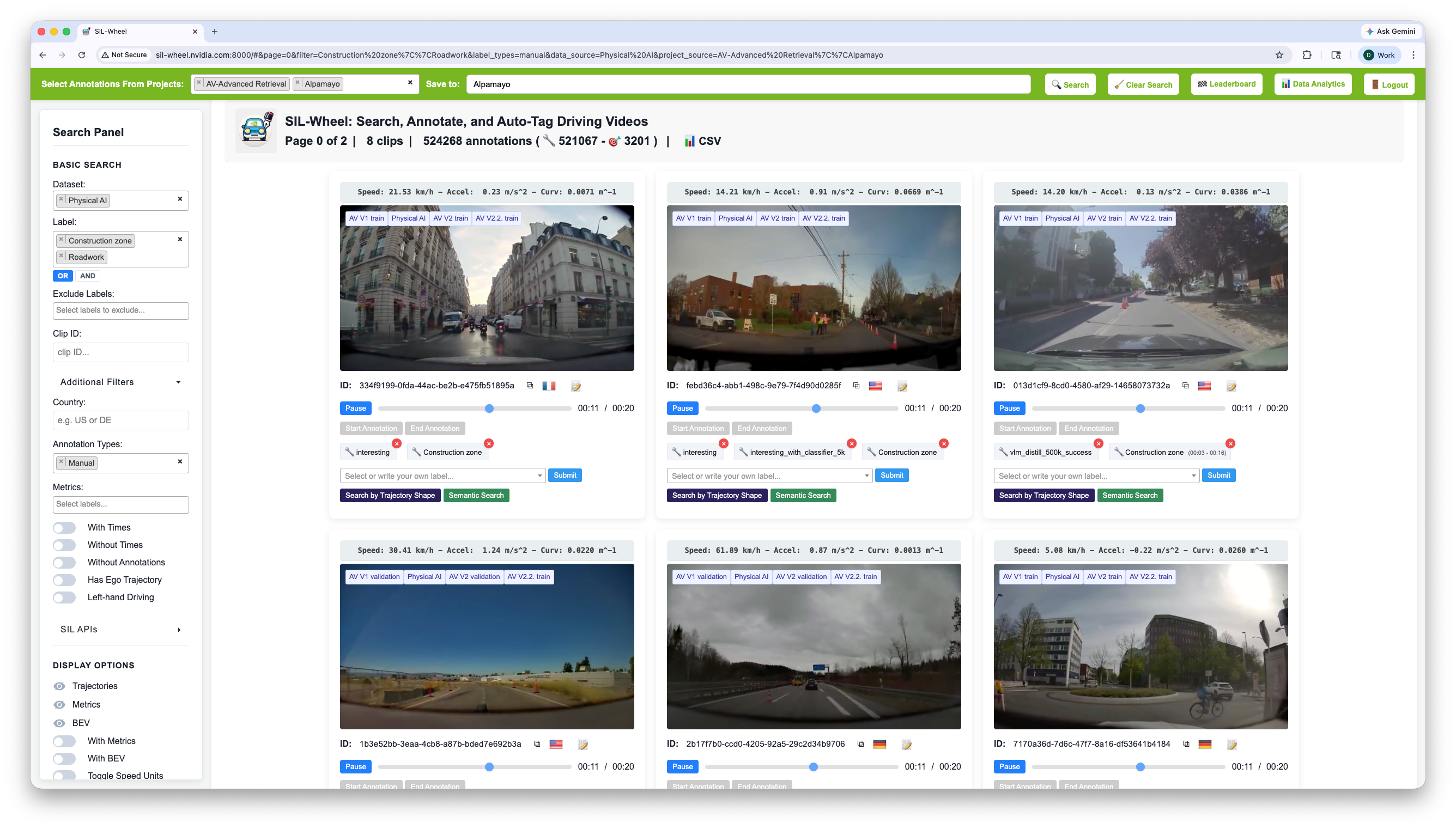 The metadata filter panel with labels Construction zone or Roadwork, dataset Physical AI and annotation type Manual, narrowing the corpus to eight clips