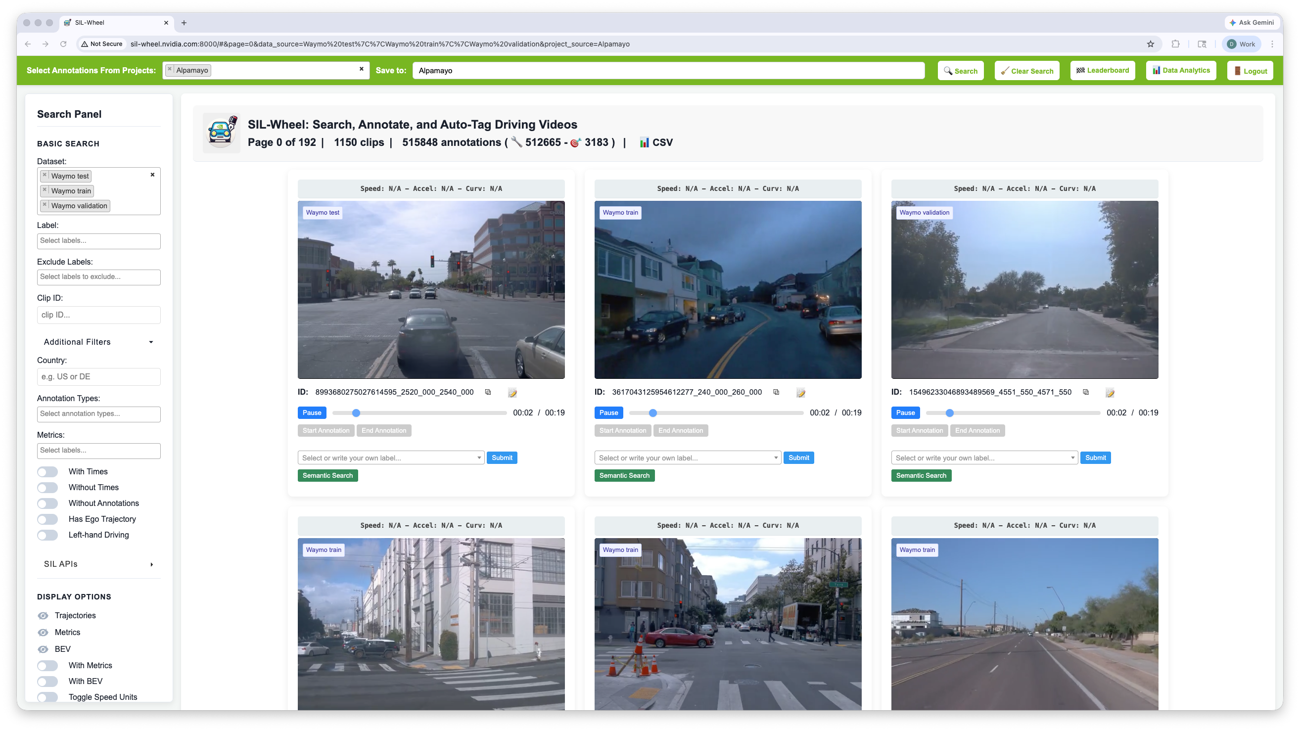 The Dataset field holding the Waymo test, train and validation splits, with every result card tagged by its split