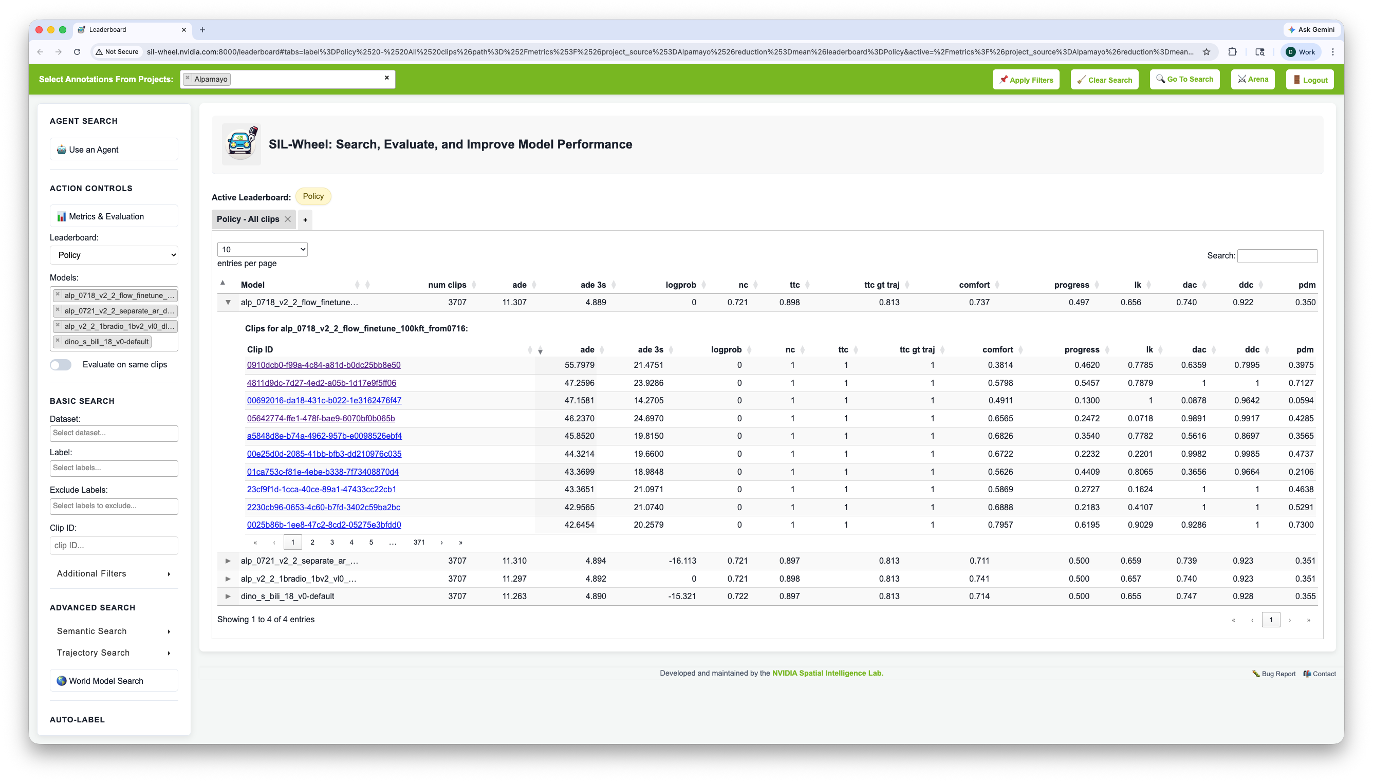 The Policy leaderboard ranking four driving models over 3707 clips on ade, comfort, progress and related trajectory metrics