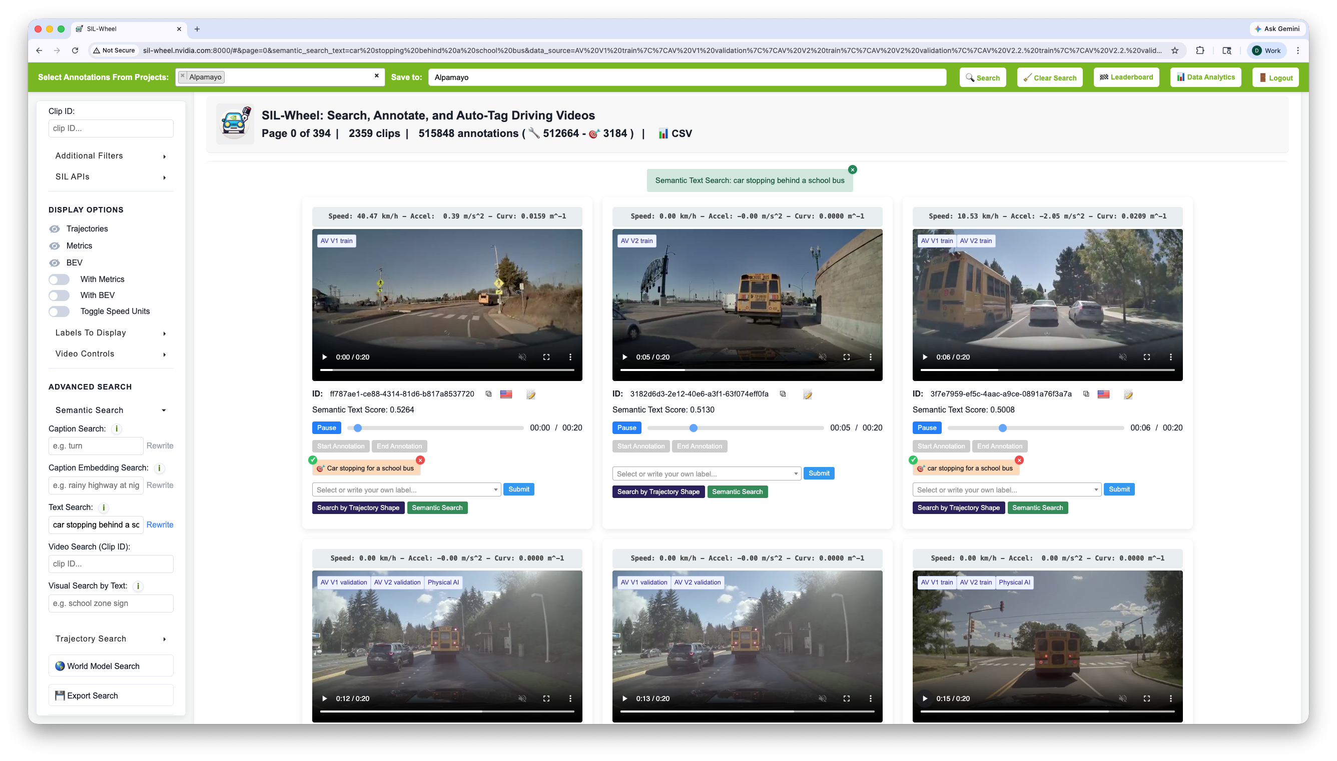 The Text Search field holding car stopping behind a school bus, with each result showing a school bus ahead and a semantic text score