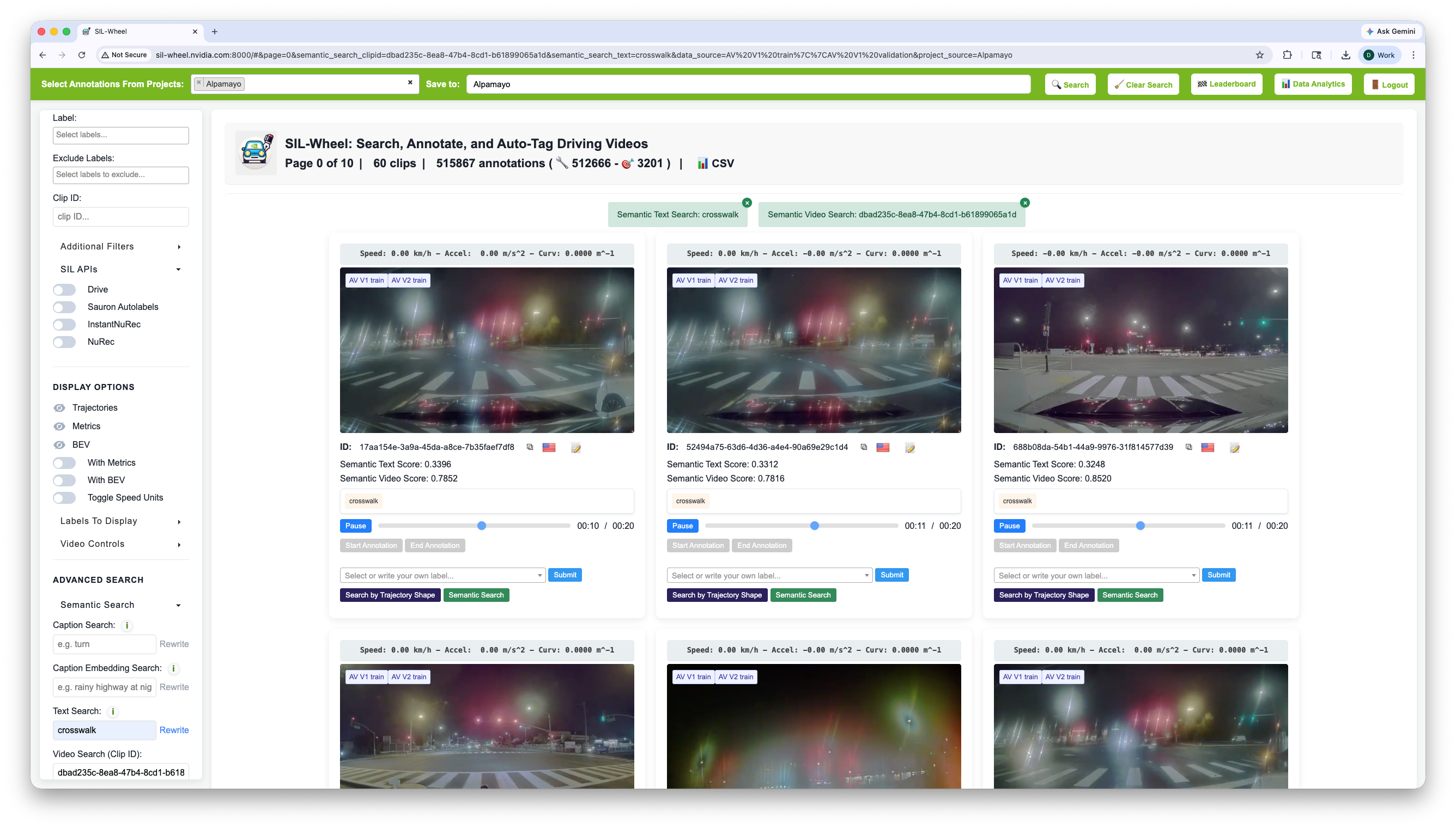 Two active chips, semantic text search for crosswalk and semantic video search on a reference clip, with both scores on every result card