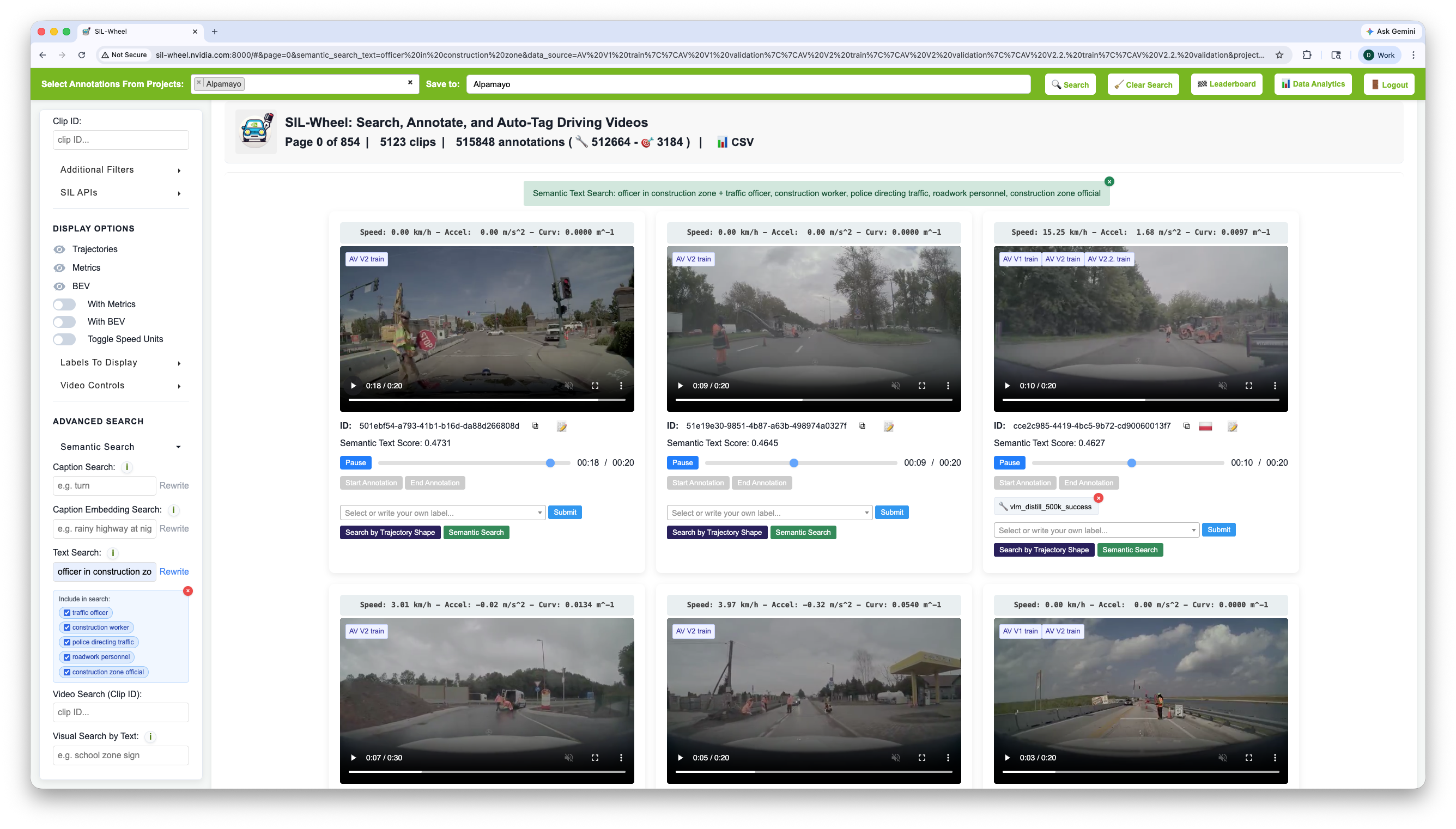 An Include in search box beneath the Text Search field listing five checked rewrites of officer in construction zone