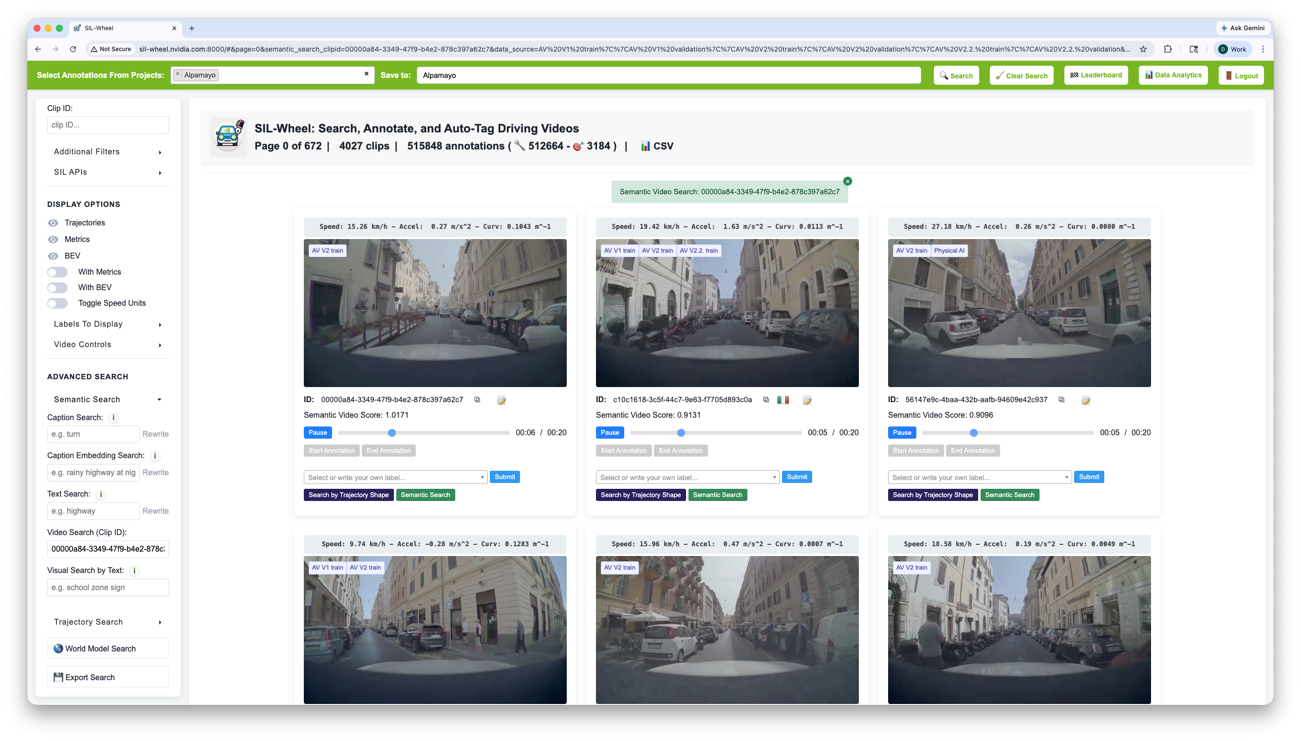 The Video Search field holding a reference clip ID, returning narrow parked-up street scenes each with a semantic video score