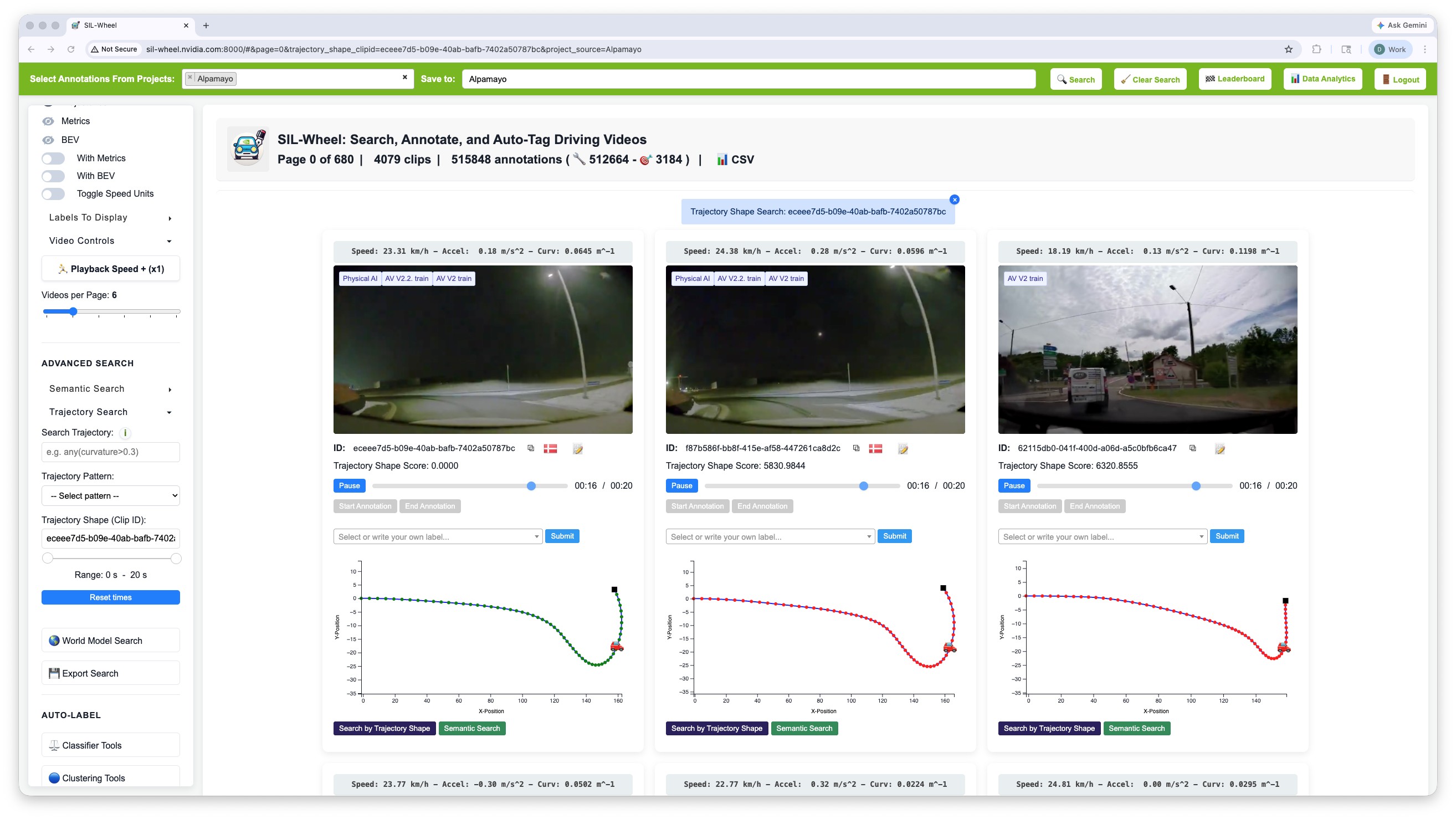 Trajectory shape search results, each clip card showing its shape score and a plotted X-Y ego path beneath the video