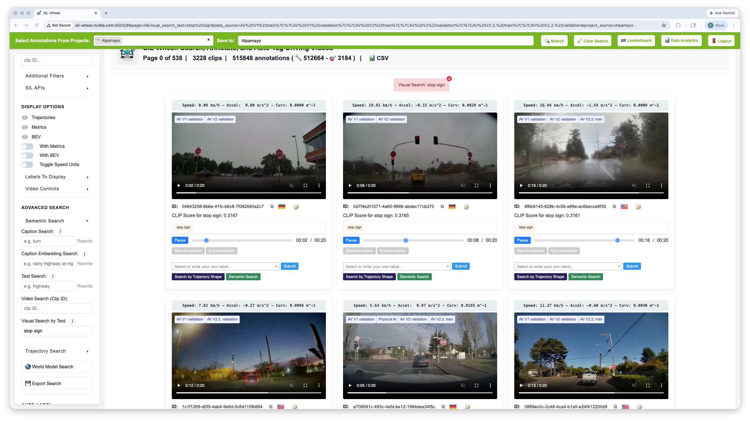 The Visual Search by Text field holding stop sign, with each result card showing its CLIP score for that phrase