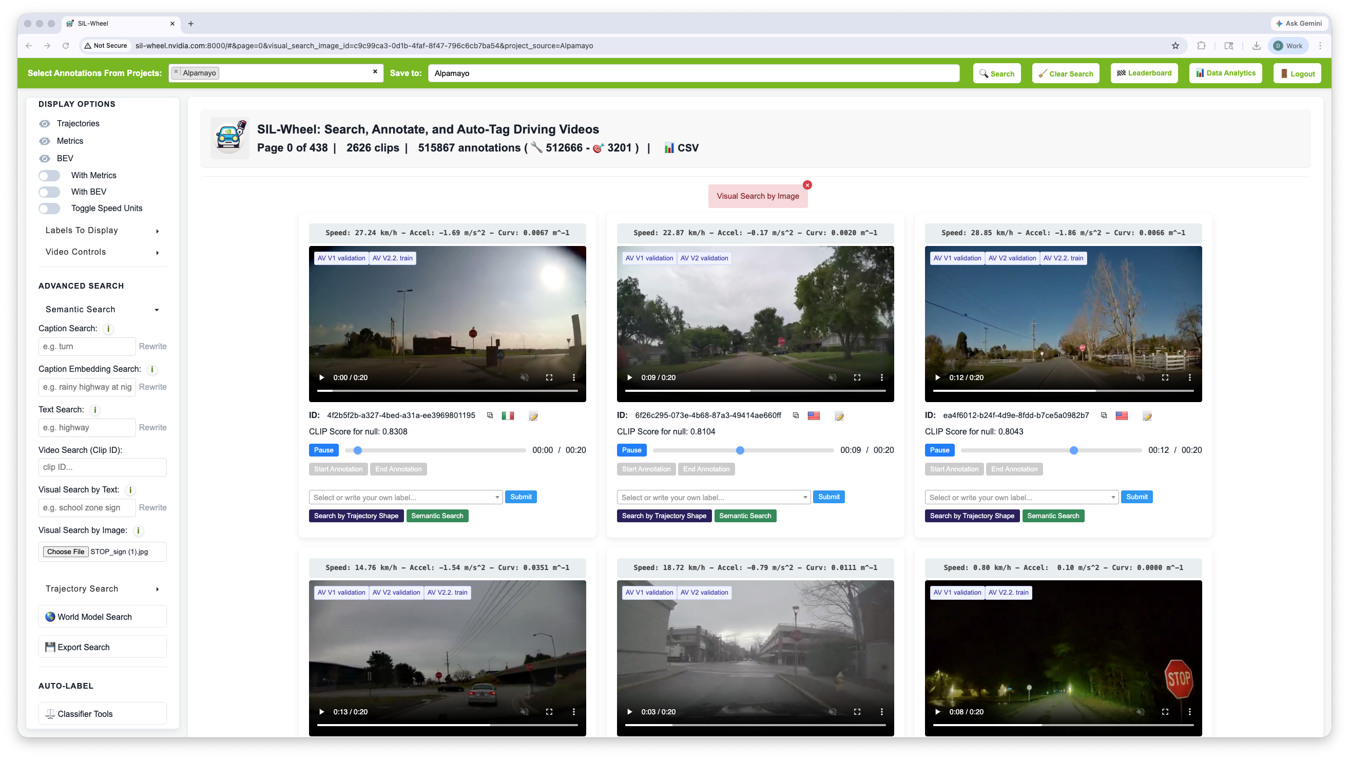 An uploaded stop-sign image in the Visual Search by Image field, returning clips whose scenes contain stop signs