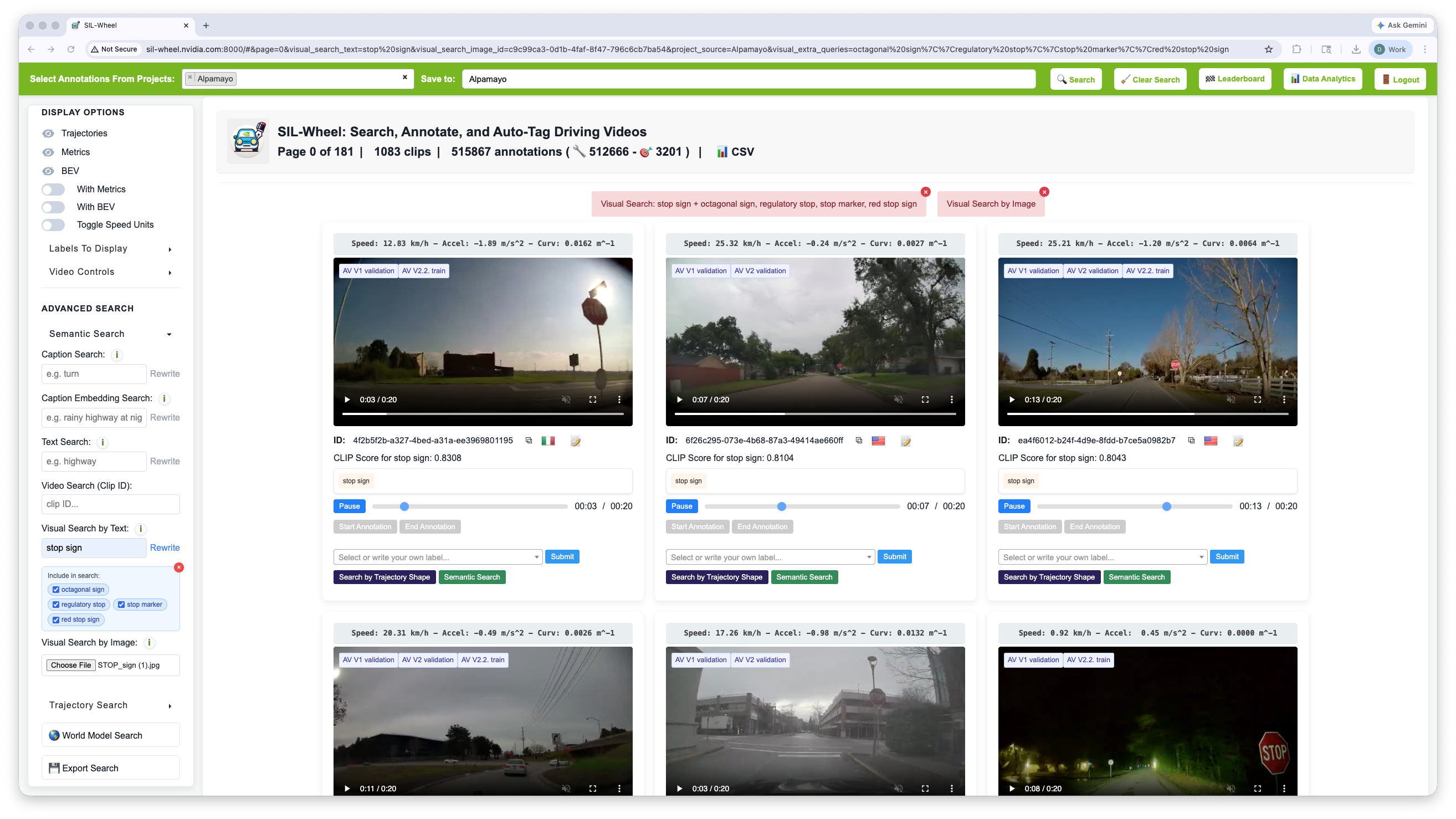 An Include in search box beneath the Visual Search by Text field listing four checked rewrites of stop sign