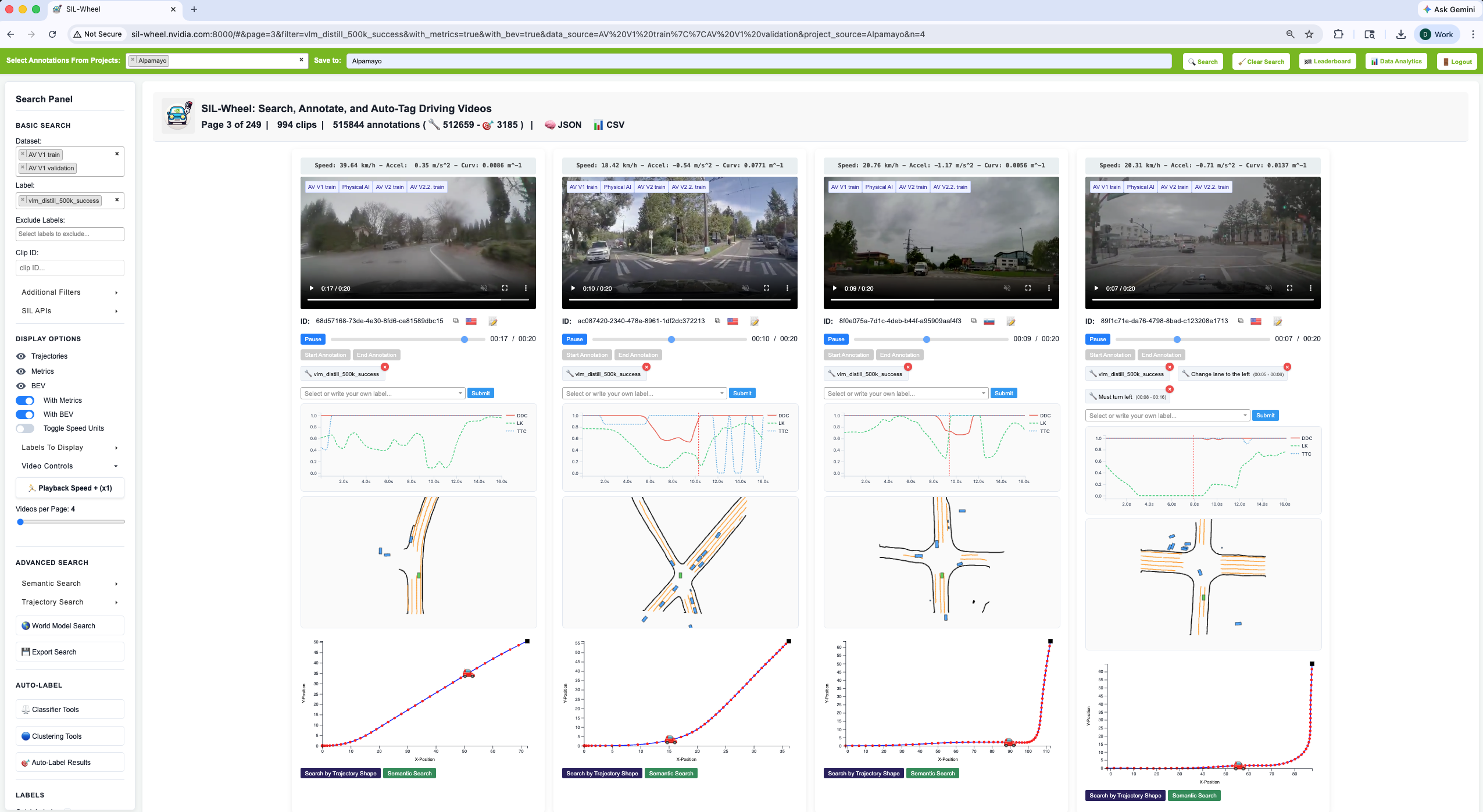 Four clip cards each stacking the video, a metrics time series, a bird's-eye lane diagram and an ego trajectory plot