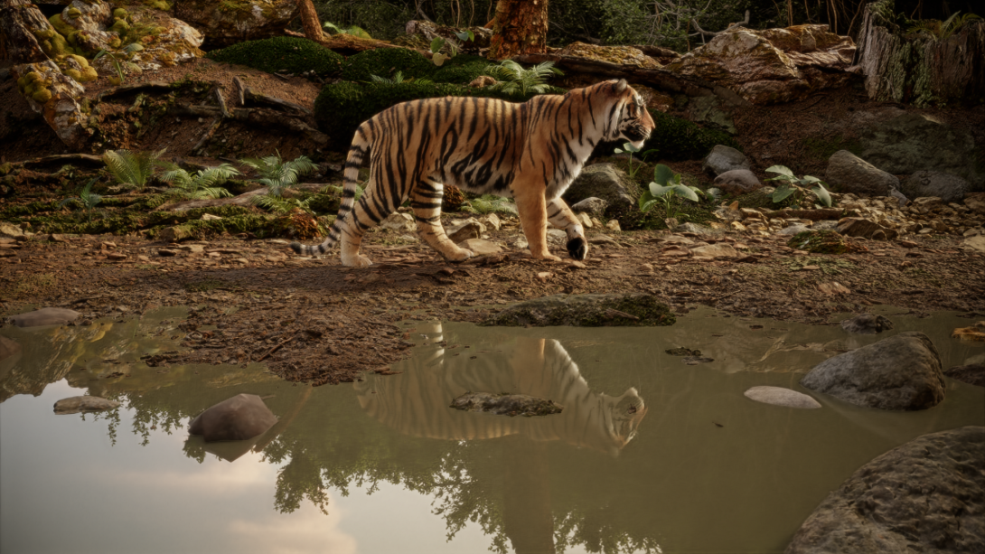 Real-time path tracing of a walking tiger